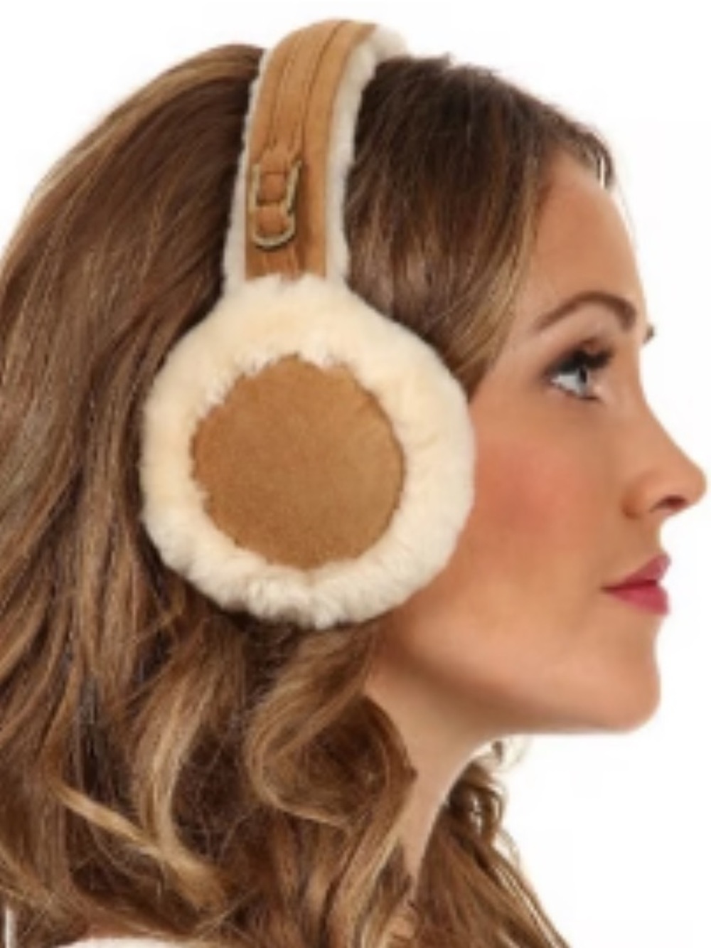 UGG Buckle-Accent Classy Sheepskin Earmuffs chestnut brown suede cream shearling